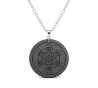 Shungite Necklace for Women Men, 35mm or 40mm Round Black Sacred Geometry Pendant with Adjustable Silver Tone Chain, Natural Shungite Jewelry Gift with Box and Bag(40mm)