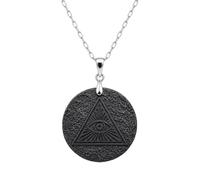 Shungite Necklace for Women Men, Natural Black Round Pendant with Triangle Eye Pattern, 35mm or 40mm Pendant Necklace, Silver Tone Chain, Jewelry Gift Box and Bag Included(35mm)