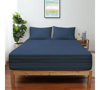 Shunjie.Home Queen Size Striped Fitted Sheet Only Navy Blue Color, 100% Egyptian Cotton 600 Thread Count, 16"" Deep Pocket Premium Cotton Mattress Sheet (1 Bottom Sheet Only)