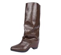 SHUNJOY Fold Over Boots Women Casual Stylish Mid Calf Boot Solid Color Pleated Block Heel Classic Comfy Pull On Wide Calf Riding Boots Daily