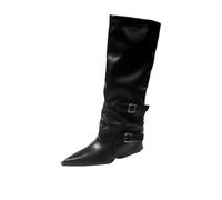 SHUNJOY Ladies Knee High Boots Casual Wide Calf Boot Pointed Toe Faux Leather Stylish Pleated Flat Block Low Heel Comfy Pull On Fold Over Boots Party