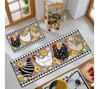 SHUNLCD Rooster Kitchen Decor Rug 2 Piece Set, Country Farmhouse Style Sunflower Kitchen Floor Mat, Chicken Absorbent and Washable Runner Decorations Rug 17×30+17×47 Inches