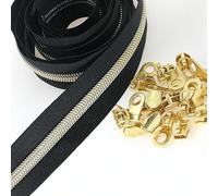 SHUNLI #5 Metallic Nylon Coil Zippers by The Yard, Black Gold Bulk Zipper Tape 10 Yards with 25Pcs Zipper Pulls for DIY Sewing Crafts Replacement Bags
