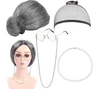 SHUNNBUY 5Pcs Old Lady Costume Cosplay Set Old Man Costume Accessories Granny Fancy Dress Disguise Kit Including Grandma Wig, Wig Cap, Granny Glasses with Chain, Pearl Necklaces
