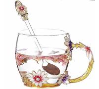 Shunshi Flower Glass Coffee Mugs Tea Cup with Steel Spoon, Enamel Butterfly Daisy Flower Tea Cup Set wiht Anti-slid Pad, Present for Women,Wedding, Birthday,Valentine's,Christmas,Anniversary (Short)
