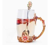 Shunshi Flower Glass Coffee Mugs Tea Cup with Steel Spoon, Enamel Butterfly Daisy Flower Tea Cup Set wiht Anti-slid Pad, Present for Women,Wedding, Birthday,Valentine's,Christmas,Anniversary (High)