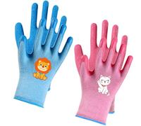 SHUNYABEI 2 Pairs Kids Gardening Gloves for Age 9-12, Non-Slip Latex Coated Work Gloves with Cartoon Design for Outdoor Activities, Yard Work & Play, Breathable Safe & Comfortable (Pink & Blue)