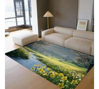 SHUODAOCO Spring Floral Carpets Valley Scene Throw Rug 80x150cm Daffodil River Design Lightweight Anti-Skid for Nursery Playroom Backyard Mudroom Green