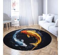 SHUODAOCO Yin Yang 100cm Koi Fish Round Area Rug Japanese Style Art Circle Carpets for Backyard Entrance Thin Foldable Kitchen Under Table Blue Golden
