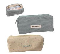 SHUOHONG 2 x Large Capacity Corduroy Pencil Case, Portable Storage Bag, Simple Zipped Pencil Case, School Pencil Case for Girls and Boys, Blue-Grey+Pink Rabbit, Single