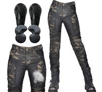 SHUOJIA Riding Trousers for Women - Stylish and Durable Motorcycle Jeans Camouflage Denim Pants with Breathable Mesh and Removable Hip & Knee Protectors(Green,XS)