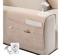 SHUOJIA Sofa Armrest Covers - Waterproof Anti-Slip Arm Protector with 6 Pockets, TV Remote Control Holder, Pet-Friendly (Beige)
