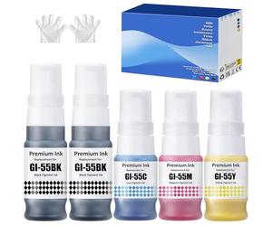 SHUOLEI GI55 GI-55 Ink Cartridges Compatible with Canon GI55 Ink Bottle Multipack for MAXIFY GX1050 GX2050 printer Colorful (5 Pack 2BK/C/M/Y)