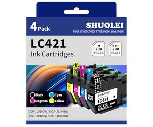 SHUOLEI LC421 Ink Cartridges Compatible with Brother LC421 LC-421 XL Inkjet Cartridges Multi-Pack Standard Yield, for DCP-J1050DW DCP-J1140DW MFC-J1010DW DCP-J1800DW(4 Pack, Black Cyan Magenta Yellow)
