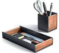 SHUOSUO Walnut Wood Desk Tray with Pen Holder Set, Natural Wooden & Aluminium Desk Office Draw Organizer Tray for Keys, Pen, Watch
