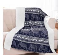 shuownshg 60"*80" Sherpa Fleece Elephant Blanket Navy Blue Mandala Floral Blue Elephant Throw Blankets for Couch Sofa Bed Boho Bohemian Elephant Stuff Gifts for Women Adults