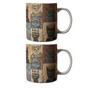 Shurhome Ergonomic Handle Ceramic Coffee Mug Medieval Cats Pattern Milk Teas Cups with Handle Woman and Espresso Cup Drinking Cup for Coffee Tea Milk Afternoon Tea