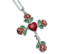 Shurhome Medieval Gothic Necklace with Rose Crucifix and Heart Pendant Elegant Victorian Styles Silver Alloy Jewelry Accessory Medieval Fashion Pendant