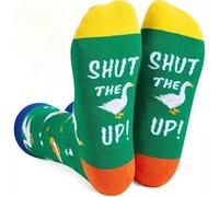Shut The DUCK up! Funny Duck Pattern Mens Crew Socks, Green with White Design, Cotton Blend, Blue Yellow Orange Accents, Novelty Message Gift