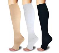 SHUTELI 3Pairs Toeless Open Toe 15-20mmHg Compression Socks for Men Women Support Knee High Stockings (Nude+White+Black, L/XL), Nude+white+black, Large/X-Large (3 Pair)