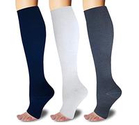 SHUTELI 3Pairs Toeless Open Toe 15-20mmHg Compression Socks for Men Women Support Knee High Stockings (White+Gray+Navy, S/M), White+gray+navy, Small/Medium (3 Pair)