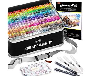 Shuttle Art 280 Colours Alcohol Markers, Dual Tip Art Pens and Blender Marker, 1 Marker Pad, 2 Micro-tip Pens, 3 White Highlighter Pens, Felt Tip Pens with Case for Artists Adult Colouring Drawing