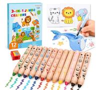 Shuttle Art 3-in-1 Jumbo Pencil Crayons for Toddlers, 12 Colours Washable Chunky Colouring Pencils for Kids, Non-toxic Crayon Set with Colouring Papers, Sharpener & Water Brush for Party Bag Fillers