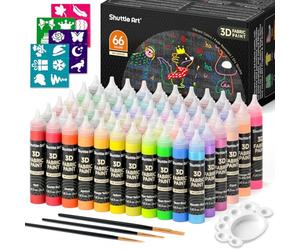 Shuttle Art 3D Fabric Paints, 66 Colours 3D Fabric Permanent Paint with Brushes and Stencils, Textile Paints with Metallic Glitter & Glow in The Dark Colours for Textile Fabric T-Shirt Glass Wood