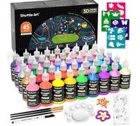 Shuttle Art 45 Colours 3D Fabric Paint Set - Permanent, Glow in The Dark, Glitter, Metallic - With Brushes, Pen, Sheet, Stencils for Textile, T-Shirt, Glass, Wood