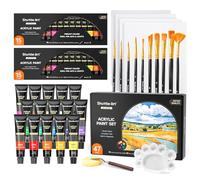 Shuttle Art 47 Pack Acrylic Paints Set, 15 Colours (12ml Each, 2Pack) Acrylic Paint with 10 Brushes, Canvas, Knife, Palette, Complete Paint Set for Canvas Wood Ceramic, Art Paints for Beginner Adults