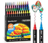 Shuttle Art Dual Tip Acrylic Paint Pens, 48 Colours Fine & Brush Paint Marker Pens, Paint Pens for Rock Painting, Ceramic, Wood, Fabric, Glass, Art Marker Pen Set for Kids Adults on Christmas Easter