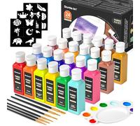 Shuttle Art Fabric Paint Permanent for Clothes, 24 Colours Fabric Paints in Bottles (60ml/2oz) with Brushes, Palette, Stencils, Non-Toxic Textile Paints for T-Shirt, Shoes, Bag, Jeans, No Heating Need