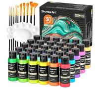 Shuttle Art Metallic Acrylic Paints Set, 30 Colours Metallic Paint in Bottles (60ml, 2oz) with 10 Brushes and Palette, Rich Pigments, Non-Toxic for Artists, Beginners on Rock Crafts Canvas Wood Fabric