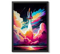 Shuttle Launch Space Poster, Colourful Abstract Astronomy Wall Art Home Decor, Astronaut Planets Print, Archival Matte, A2 (Black Frame) - 59.4x42cm