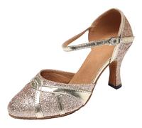 SHUTUP.DANCE SH Ladies Glitter Ballroom Dance Shoes Latin Kitten Heels Comfort 7.5CM Salsa Pumps Tango Jazz Chacha Closed Toed Gold UK 5