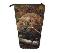 SHuWeiD beaver working print Vertical retractable case, fit for pens, cosmetics, and small essentials, daily use, Black, One Size, Fashion