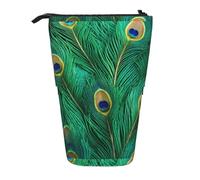 SHuWeiD Green Peacock Feather print Vertical retractable case, fit for pens, cosmetics, and small essentials, daily use, Black, One Size, Fashion