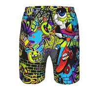 Shuwekk 80s 90s Swim Trunks Beach Board Shorts for Men,Hipster Hip-Hop 80s 90s with Leopard Zebra Checkered Prints, Graffiti Comics Monsters, Medium