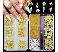 SHUXILIN 2Boxes Summer Steel Studs Metal Pearls Nail Gems Charms Metal Small Seashell Starfish Alloy Seahorse Nail Rhinestones Charms for Acrylic Nail Art Marine Theme Nail Supplies for Women Manicure