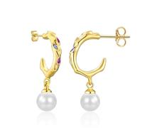 Shuxin Silver Hoops Earrings for Women Gold Plated Pearl Drop Earrings Sterling Silver Cubic Zirconia Stud Earrings for Girls Vintage Huggie Earrings Jewellery Gifts for Women