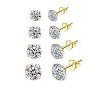 Shuxin Silver Stud Earrings for Women, 4 Pairs 925 Sterling Silver Gold Cubic Zirconia Stud Earrings Set, Hypoallergenic Small Sleeper Cartilage Studs, with Clear 5A Cubic Zirconia, Size: 3, 4, 5, 6mm