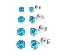 Shuxin Silver Stud Earrings for Women, 4 Pairs 925 Sterling Silver Zirconia Stud Earrings Set, Hypoallergenic Small Sleeper Cartilage Studs, with 5A Aquamarine Blue Cubic Zirconia, Size: 3, 4, 5, 6mm