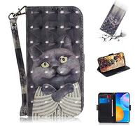 SHUYIT Case for Huawei P Smart 2021 / Y7A, 3D PU Leather Case Notebook Flip Wallet Case with Stand Card Slots Magnetic Clasp Shockproof Bumper Phone Cover for Huawei P Smart 2021 / Y7A, Black cat