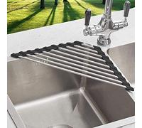 SHUYUE Triangle Dish Drying Rack for Sink Corner Roll Up Dish Drying Rack Folding Stainless Steel Multipurpose Over The Sink Corner Dish Drainer Mat for Kitchen (Black)