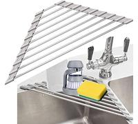 SHUYUE Triangle Dish Drying Rack for Sink Corner Roll Up Folding Stainless Steel Multipurpose Over The Sink Dish Drainer Mat for Kitchen (Grey)