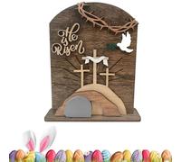 SHUZHENG Wooden He Is Risen Easter Centrepiece, 5.91 Inch Empty Tomb Resurrection Scene, Religious Christian Decor for Church and Home, Sacred Cross and Crown of Thorns Ornament, Sunday School Gift