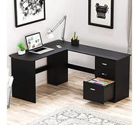 SHW L-Shaped Home Office Wood Corner Desk with 3 Drawers