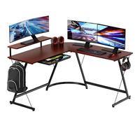 SHW Vista L-Shape Desk with Monitor Stand, Cherry