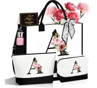SHXWELL 3 PCS Initial Canvas Tote Bag, Personalized Gifts for Women, Personalized Makeup Bag, Beach Bag,Cosmetic Bags