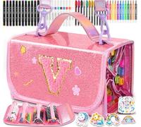 SHXWELL 69 PCS Initial Washable Scented Markers Set with Glitte Pencil Case Shoulder Strap, Personalized Art Supplies and Crafts for Kids Ages 4-6-8, Birthday Gifts for Girls Coloring Markers Set(V)